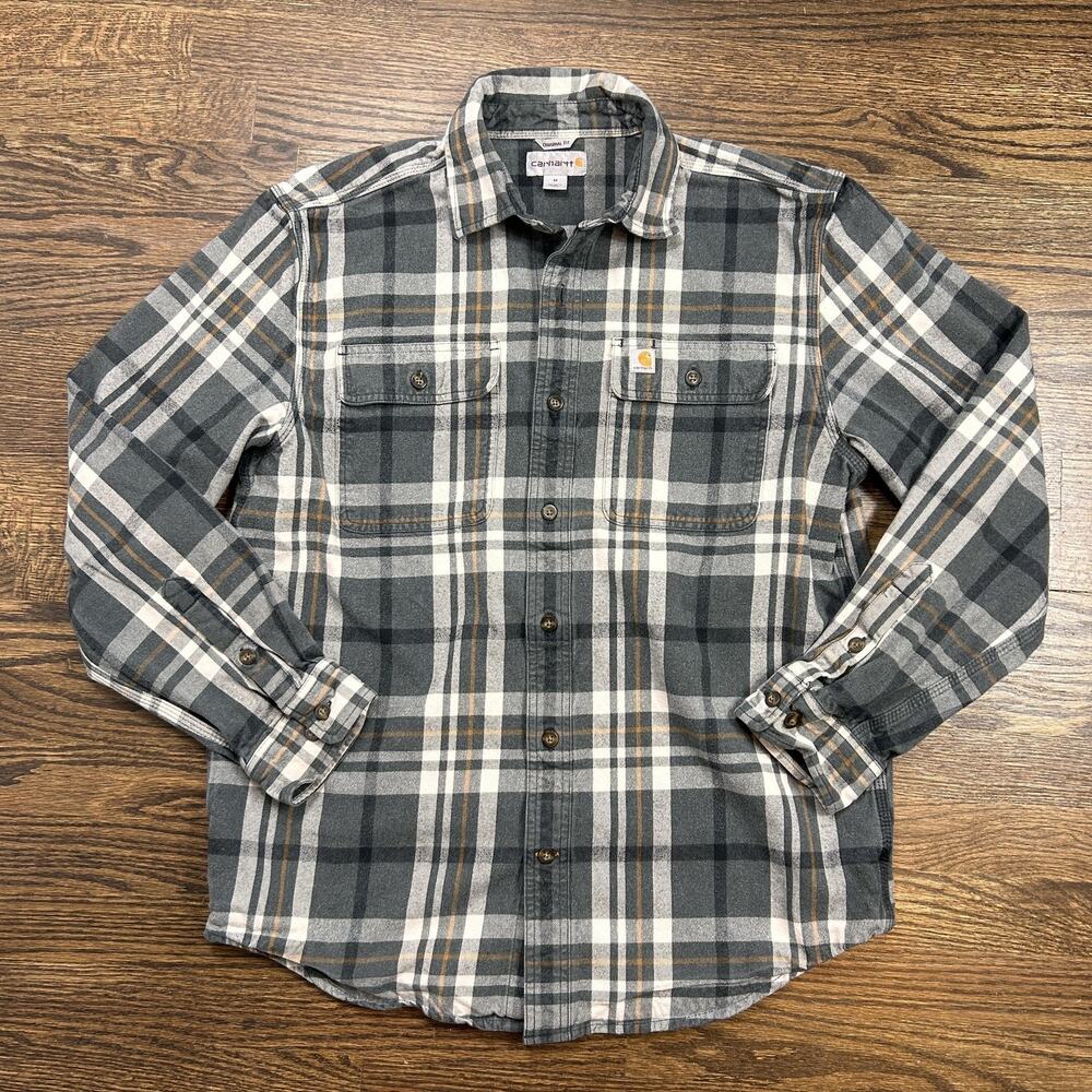 Carhartt Shirt Mens Medium Gray Plaid Flannel Button Front Workwear Casual